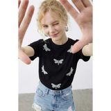 Shade Kadın Boncuk Taş Işlemeli Yusufçuk Desenli Rahat Kalıp T-Shirt - Siyah