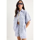 Shade Kadın Çizgili Oversize Saçaklı Gömlek Cep Detaylı Beli Lastikli Şort Takım DT251021 60283390, Mavi-Beyaz, L