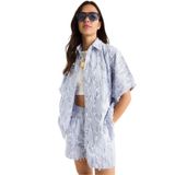 Shade Kadın Çizgili Oversize Saçaklı Gömlek Cep Detaylı Beli Lastikli Şort Takım DT251021 60283390, Mavi-Beyaz, S