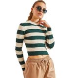 Shade Kadın Çizgili Yarım Balıkçı Yaka Crop Triko Bluz, Yeşil-Ekru, Standart
