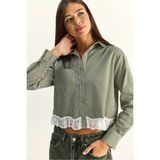 Shade Kadın Dantel Detaylı Çizgili Poplin Crop Gömlek - Haki