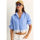 Shade Kadın Dantel Detaylı Çizgili Poplin Crop Gömlek - Mavi