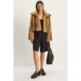 Shade Kadın Desenli Yakalı Astarlı Suni Crop Kürk Ceket - 38 - Camel - Kahverengi