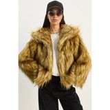 Shade Kadın Geniş Yakalı Astarlı Kısa Premium Suni Kürk Ceket - 40 - Camel - Siyah