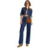 Shade Kadın Kadife Yaka Ceket Renk Bloklu Wide Leg Pantolon Denim Takım 6087 60283532, Lacivert, 40