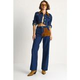 Shade Kadın Kadife Yaka Ceket Renk Bloklu Wide Leg Pantolon Denim Takım 6087 60283532, Lacivert, 42