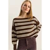 Shade Kadın Kayık Yaka Çizgili Triko Kazak - Kahverengi - Standart
