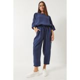 Shade Kadın Kayık Yaka Yarım Kol Bluz Beli Lastikli Şalvar Pantolon Alt-Üst Takım 60283118, İndigo, 38