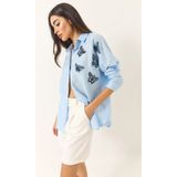 Shade Kadın Kelebek Boncuk Taş Işlemeli Aerobin Oversize Gömlek - Bebe Mavisi - XL