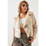 Shade Kadın Lamine Biker Ceket - Bej - 40