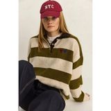 Shade Kadın Oversize Çizgili Polo Yaka Kalp Desen Nakış Işlemeli Triko Kazak - Krem - Yeşil - Standart