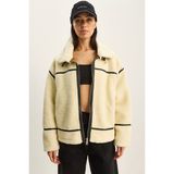 Shade Kadın Suni Deri Biye Detaylı Cepli Teddy Biker Ceket - 38 - Bej