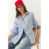 Shade Kadın Üç Çizgili Oversize Standart Basic Gömlek - Beyaz - Mavi