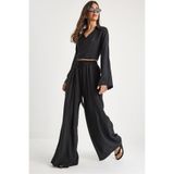 Shade Kadın V Yaka Bağlama Detaylı Bluz Cep Detaylı Beli Lastikli Salaş Pantolonlu Takım 60283324, Siyah, S