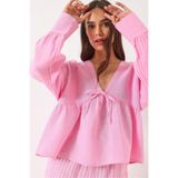 Shade Kadın V Yaka Bağlama Detaylı Müslin Bluz 1003 60283051, Şeker Pembe, S