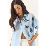 Shade Kelebek Boncuk Taş İşlemeli Aerobin Oversize Gömlek, XL, 60283030, Bebe Mavisi, Kadın