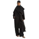 Shade Klapa Yaka Fular Aksesuarlı Oversize Kaşe Kaban, L, Klapa Yaka Fular Aksesuarlı Oversize Kaşe Kaban, Siyah, Kadın