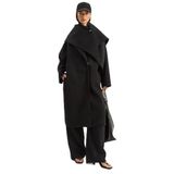 Shade Klapa Yaka Fular Aksesuarlı Oversize Kaşe Kaban, M, Klapa Yaka Fular Aksesuarlı Oversize Kaşe Kaban, Siyah, Kadın