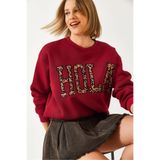 Shade Leopar Nakışlı Üç İplik Şardonlu Sweatshirt, S, 60261060, Bordo, kadın