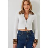 Shade Leopar Peluşlu Fermuarlı Hırka, S, 60261015, Beyaz, Kadın