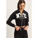 Shade NYC Nakışlı Kapüşonlu Crop Hırka, M, 60283794, Siyah, Kadın