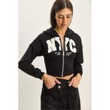 Shade NYC Nakışlı Kapüşonlu Crop Hırka, S, 60283794, Siyah, Kadın
