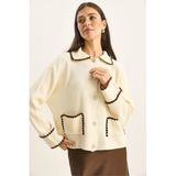 Shade Polo Yaka Triko Hırka, Standart, 60285001, Krem, Kadın