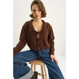Shade Yakalı Bağlama Detaylı Triko Hırka, Standart, 60283751, Acı Kahve, Kadın