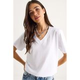 Shade%100 Organik Pamuk Derin V Yakalı Comfort Fit T-Shirt, M, 60602066, Beyaz, Kadın