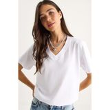 Shade%100 Organik Pamuk Derin V Yakalı Comfort Fit T-Shirt, S, 60602066, Beyaz, Kadın