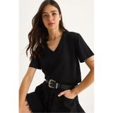 Shade%100 Organik Pamuk Derin V Yakalı Comfort Fit T-Shirt, S, 60602066, Siyah, Kadın