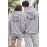 Shain Kişiye Özel Tarih Baskılı Sevgililer Günü Hediyesi Çift Kombin Gri Kapşonlu Sweatshirt