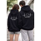 Shain Kişiye Özel Tarih Baskılı Sevgililer Günü Hediyesi Çift Kombin Siyah Kapşonlu Sweatshirt - 2XL
