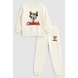 Shain Mickey Mouse Yılbaşı Noel Baba Christmas Baskılı Bisiklet Yaka Ekru Çocuk Eşofman Alt Üst Takım - 6 - 7 Yaş