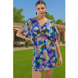 Shally Dokuma Viskoz Mini Elbise Çiçek Desenli Yazlık Plaj Günlük Kullanım İçin Modern Stil