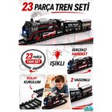 SHARKY Oyuncak Işıklı 96 Cm Raylı Vagonlu Retro Model Tren - 23 Parça Raylı Klasik Tren Demiryolu Seti
