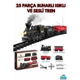 SHARKY Oyuncak Işıklı ve Sesli Buhar Atan Retro Model Tren - 25 Parça Raylı Duman Atan Tren Demiryolu Seti