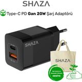 Shaza 20W Çift Port Mini Hızlı Sarj Aleti - Düşük Isıda Sarj Et Gan Destekli iPhone & Android & iPad USB Qc3.0& Type-C Pd Şarj Adaptörü - Siyah