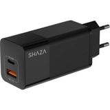 Shaza 65W Çift Port Ultra Hızlı Şarj Aleti - Gan Destekli Android & iPhone & MacBook & iPad USB Qc3.0& Type-C Pd Şarj Adaptörü - Siyah - Black