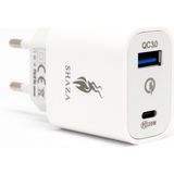 Shaza SZ-102 Çift Çıkışlı USB Qc3.0 ve Type-C Başlık PD20W Ev Şarj Aleti - Beyaz