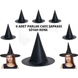SHC4200 Halloween Siyah Renk Parlak Dralon Cadı Şapkası Yetişkin ve Çocuk Uyumlu 6 Adet