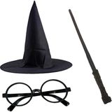 SHC4200 Mey Ithalat® Harry Potter Siyah Şapkası Harry Potter Gözlüğü Harry Potter Asası 3 Lü Set