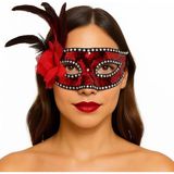 SHC4200 Mey Ithalat® Kırmızı Renk Yandan Tüylü Güllü Gümüş Taşlı Pullu Maske 20X22 cm - 20 x 22 cm