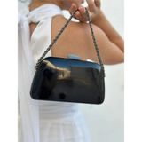 She Poly Kadın Rugan Siyah Abiye Clutch Portföy Zincir Askılı El Düğün Nişan Gece Omuz Çantası
