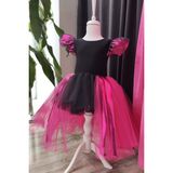 Shecco Babba Fuşya Siyah Asimetrik Kız Çocuk Tütü Elbise, Doğum Günü Elbisesi, Top Bandana - 5 Yaş - Fuşya - Siyah