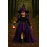 Shecco Babba Kız Çocuk Mor Tüllü Siyah Cadı Kostümü–deri Detaylı Cadı Elbisesi&şapkalı Halloween Partisi Kıyafeti - 7 Yaş - Siyah - Mor