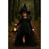 Shecco Babba Kız Çocuk Tüllü Siyah Cadı Kostümü–deri Detaylı Cadı Elbisesi&şapkalı Halloween Partisi Kıyafeti - 5 Yaş