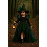 Shecco Babba Kız Çocuk Yeşil Tüllü Cadı Kostümü–deri Detaylı Cadı Elbisesi&şapkalı Halloween Partisi Kıyafeti - 9 Yaş - Siyah - Yeşil