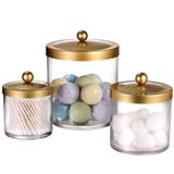 SheeChung Premium Kalite Eczacı Kavanozları - Paslanmaz Çelik Kapaklı Şeffaf Plastik Kavanozlar - Banyo Vanity Tezgah Depolama Düzenleyici Kutu Tutucu Ev Dekoru | 3'lü Set (Altın)