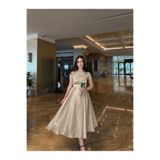 Sheeny Elya Gold Bej Midi Boy Kolsuz Saten Abiye Elbise